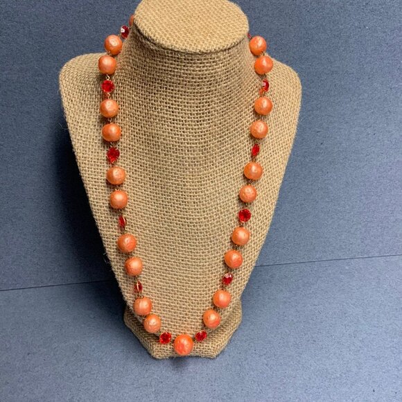 Vintage Jewelry - Vintage Textured Beaded Necklace 22 In Orange Red Gold Chain Retro Rockabilly